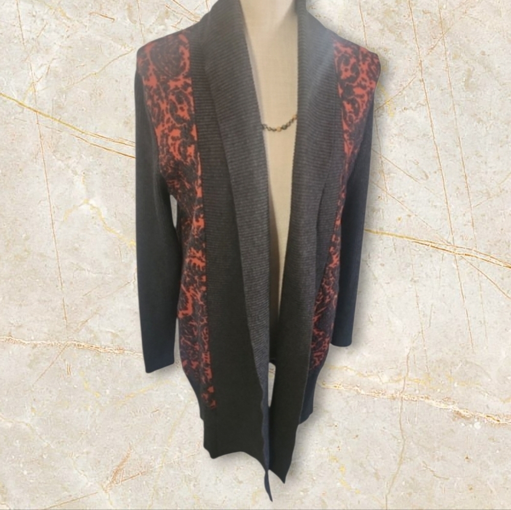 Alberto Makali Boho Gray Red Long Cardigan Knit Size L Cozy